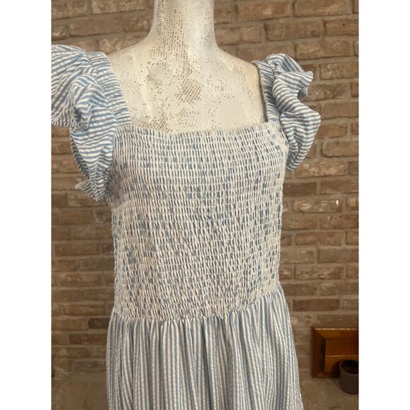Blue & White Textured Stripe Smocked Flutter Sleeve Dress - Picture 4 of 7